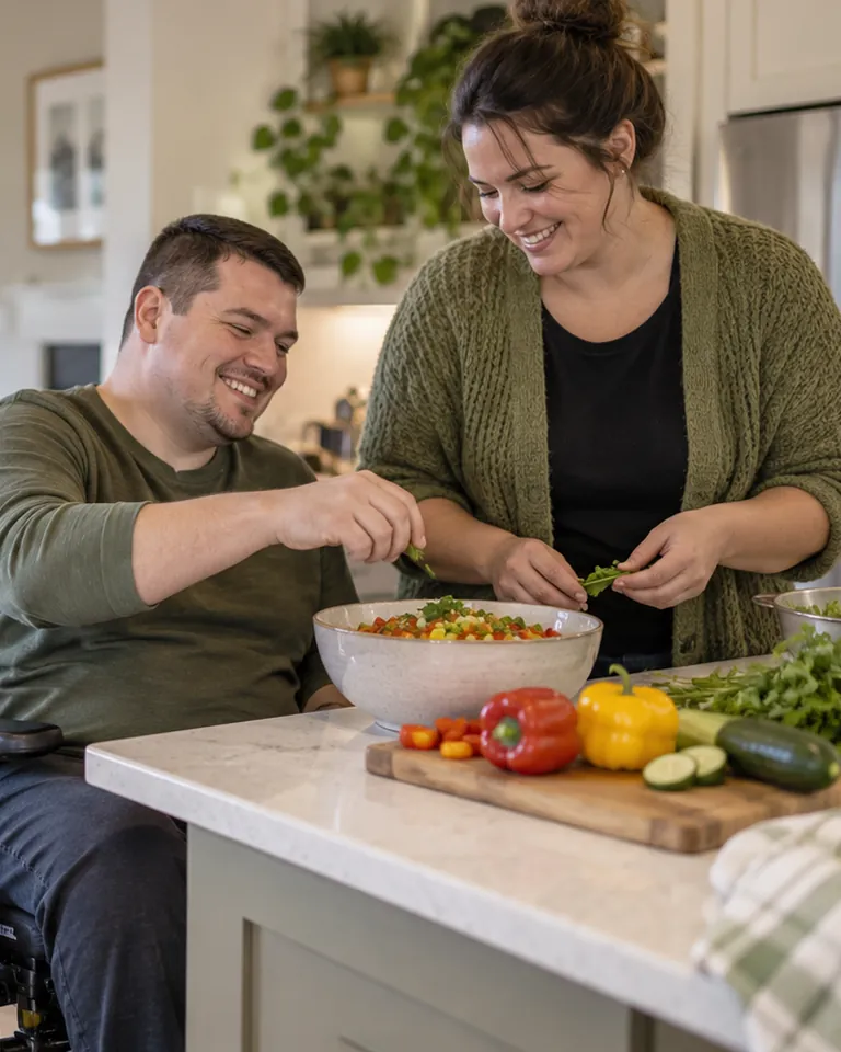 Illustration of two adults preparing a meal together at home